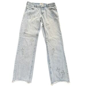 Austin Landing Jeans Cross Patch Studded Sz 5‎ Light Wash Western Boho Festival